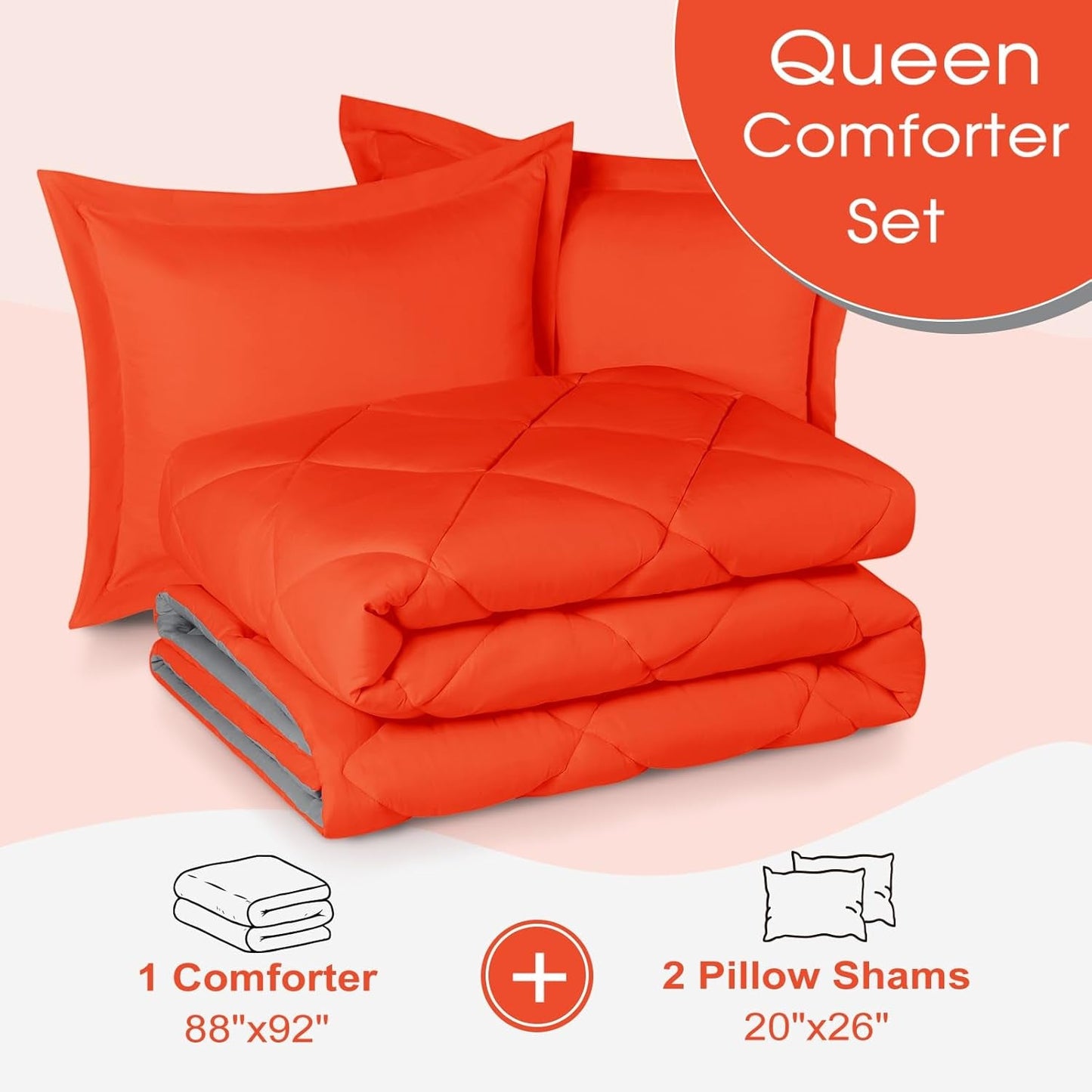 Queen Comforter Set - Orange Comforter Set Queen, Reversible Bed Comforter Queen Set for All Seasons, Flame/Charcoal Gray, 1 Comforter (88"X92") and 2 Pillow Shams (20"X26"+2") - SkinNails&Makeup