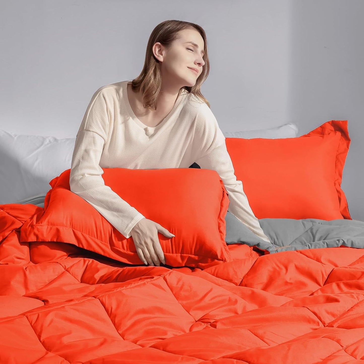 Queen Comforter Set - Orange Comforter Set Queen, Reversible Bed Comforter Queen Set for All Seasons, Flame/Charcoal Gray, 1 Comforter (88"X92") and 2 Pillow Shams (20"X26"+2") - SkinNails&Makeup