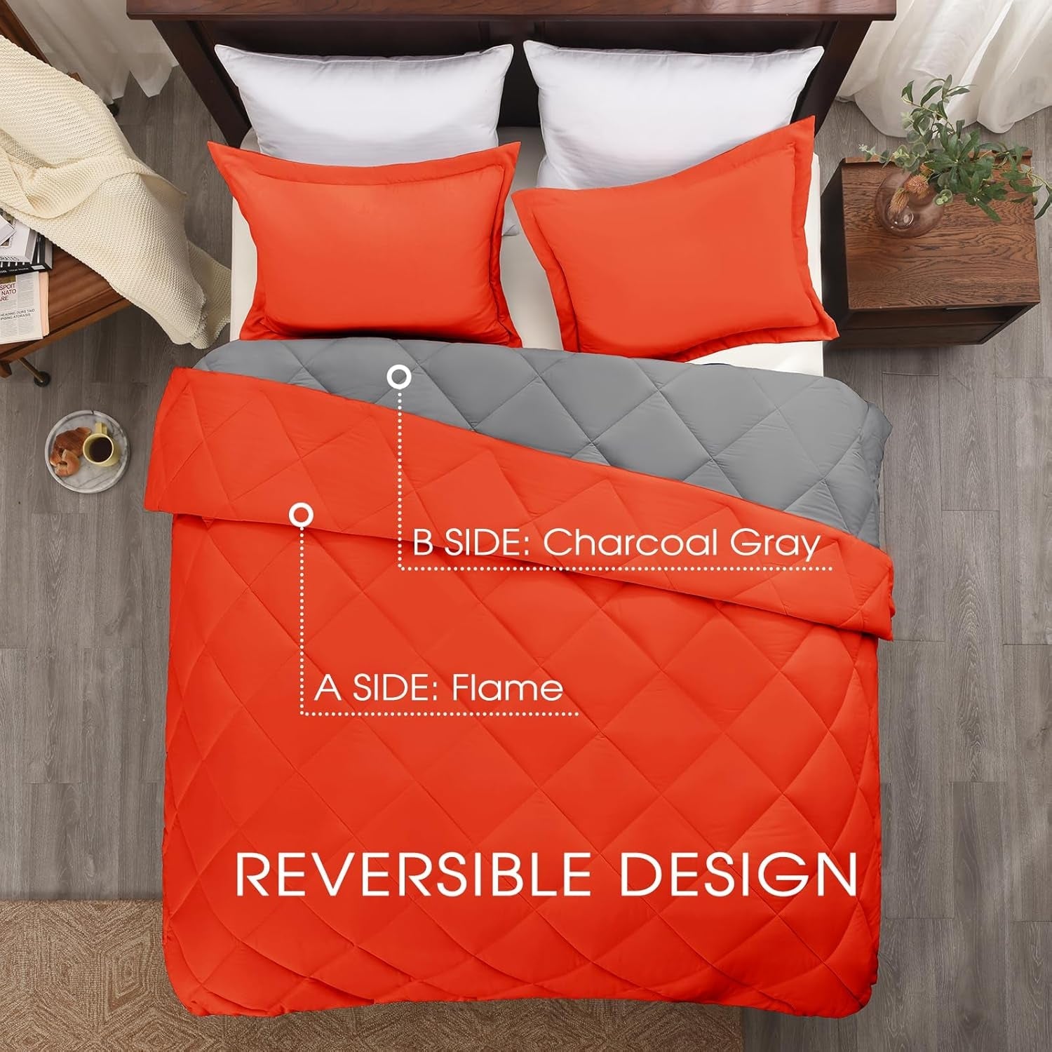Queen Comforter Set - Orange Comforter Set Queen, Reversible Bed Comforter Queen Set for All Seasons, Flame/Charcoal Gray, 1 Comforter (88"X92") and 2 Pillow Shams (20"X26"+2") - SkinNails&Makeup