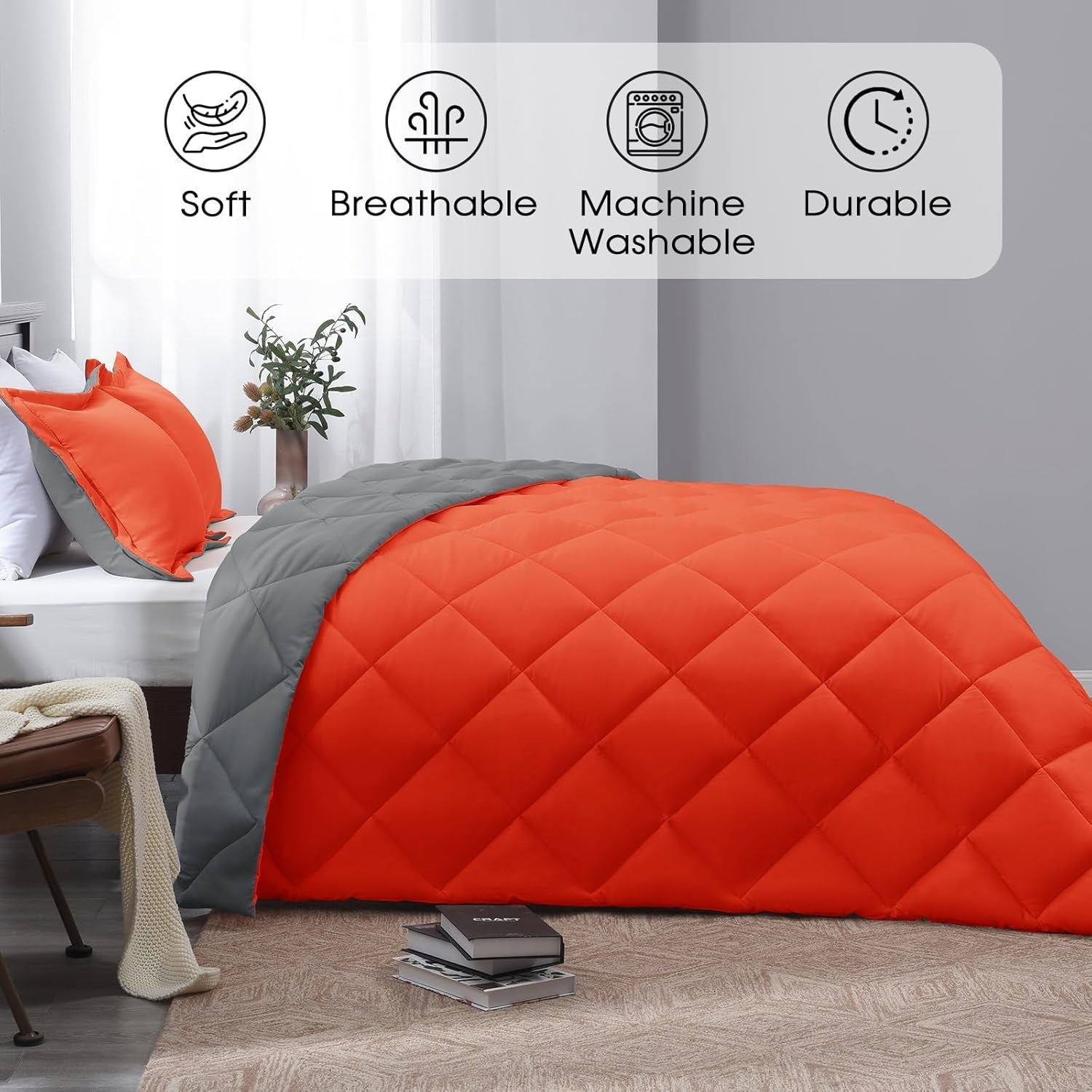Queen Comforter Set - Orange Comforter Set Queen, Reversible Bed Comforter Queen Set for All Seasons, Flame/Charcoal Gray, 1 Comforter (88"X92") and 2 Pillow Shams (20"X26"+2") - SkinNails&Makeup