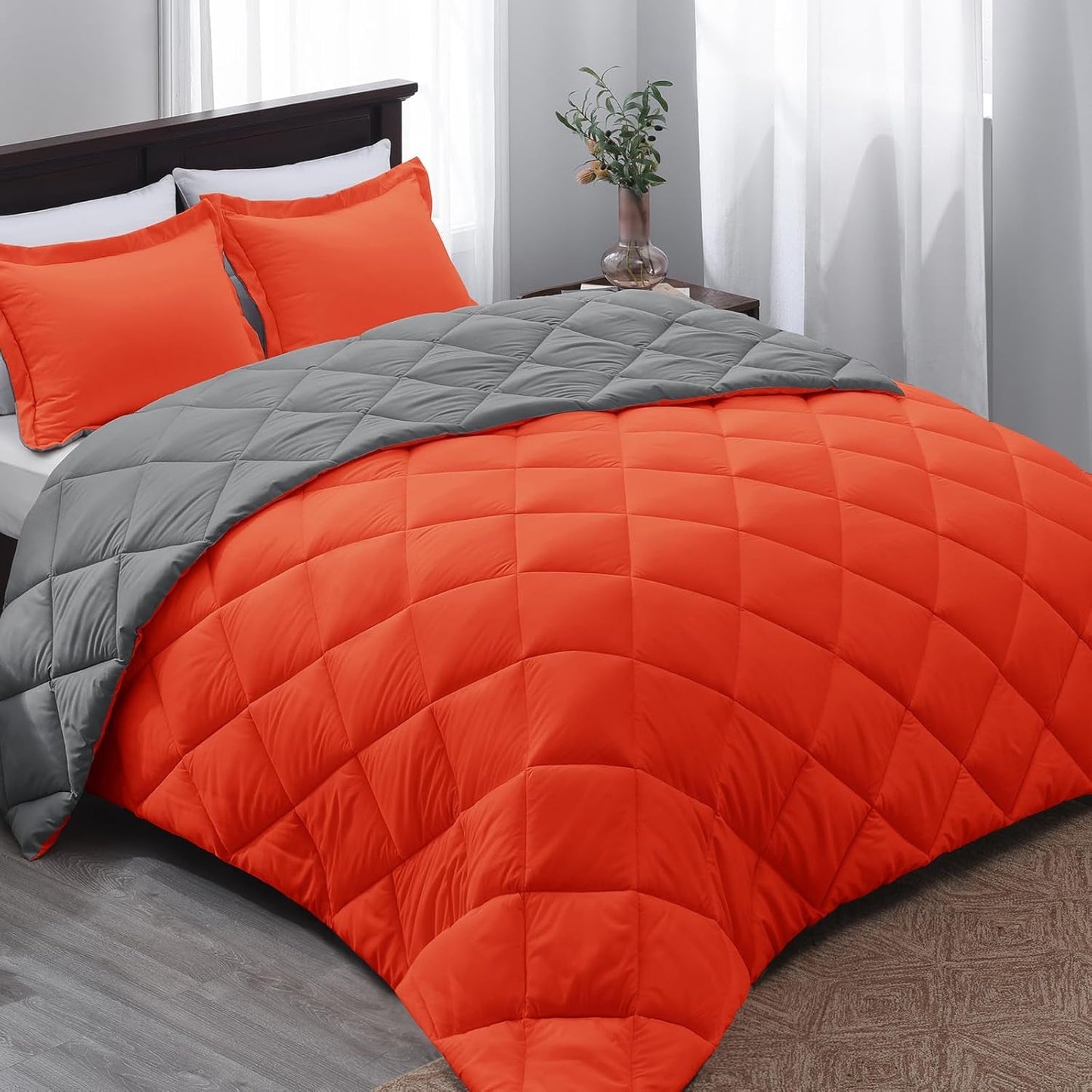Queen Comforter Set - Orange Comforter Set Queen, Reversible Bed Comforter Queen Set for All Seasons, Flame/Charcoal Gray, 1 Comforter (88"X92") and 2 Pillow Shams (20"X26"+2") - SkinNails&Makeup