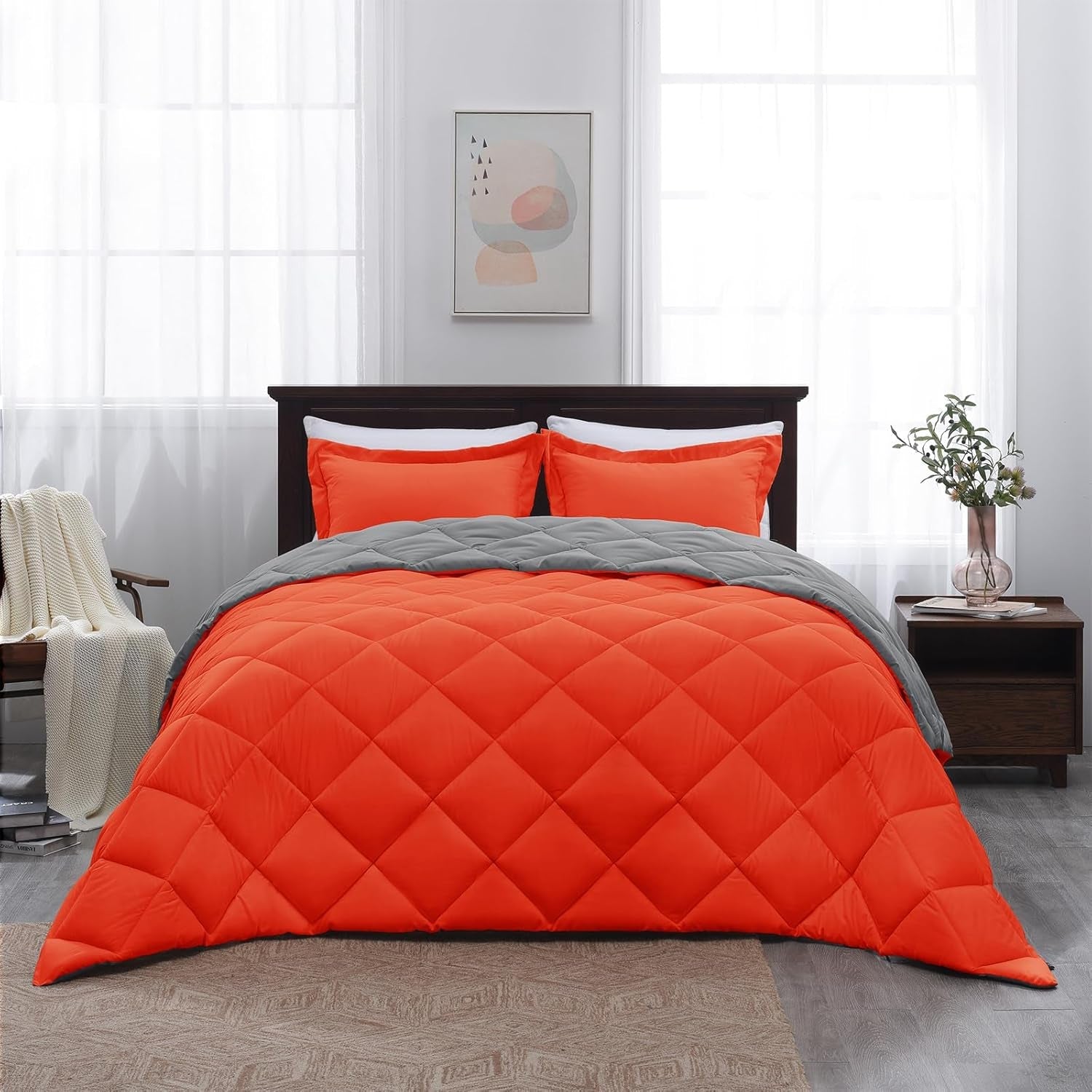 Queen Comforter Set - Orange Comforter Set Queen, Reversible Bed Comforter Queen Set for All Seasons, Flame/Charcoal Gray, 1 Comforter (88"X92") and 2 Pillow Shams (20"X26"+2") - SkinNails&Makeup