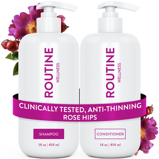 Routine Wellness Anti - Thinning Shampoo and Conditioner Set for Thinning Hair - Biotin DHT Blocker Women & Men - Color Safe Shampoo for Hair Loss & Healthier Hair - Rose Hips Set - SkinNails&Makeup