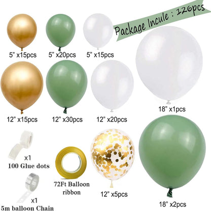 Sage Green White Gold Balloons Garland Arch Kit,126Pcs Sage Green Olive Green Latex Different Sizes 18 12 5 Inch Balloons for Birthday Baby Shower Gender Reveal Wedding Party Decoration - SkinNails&Makeup