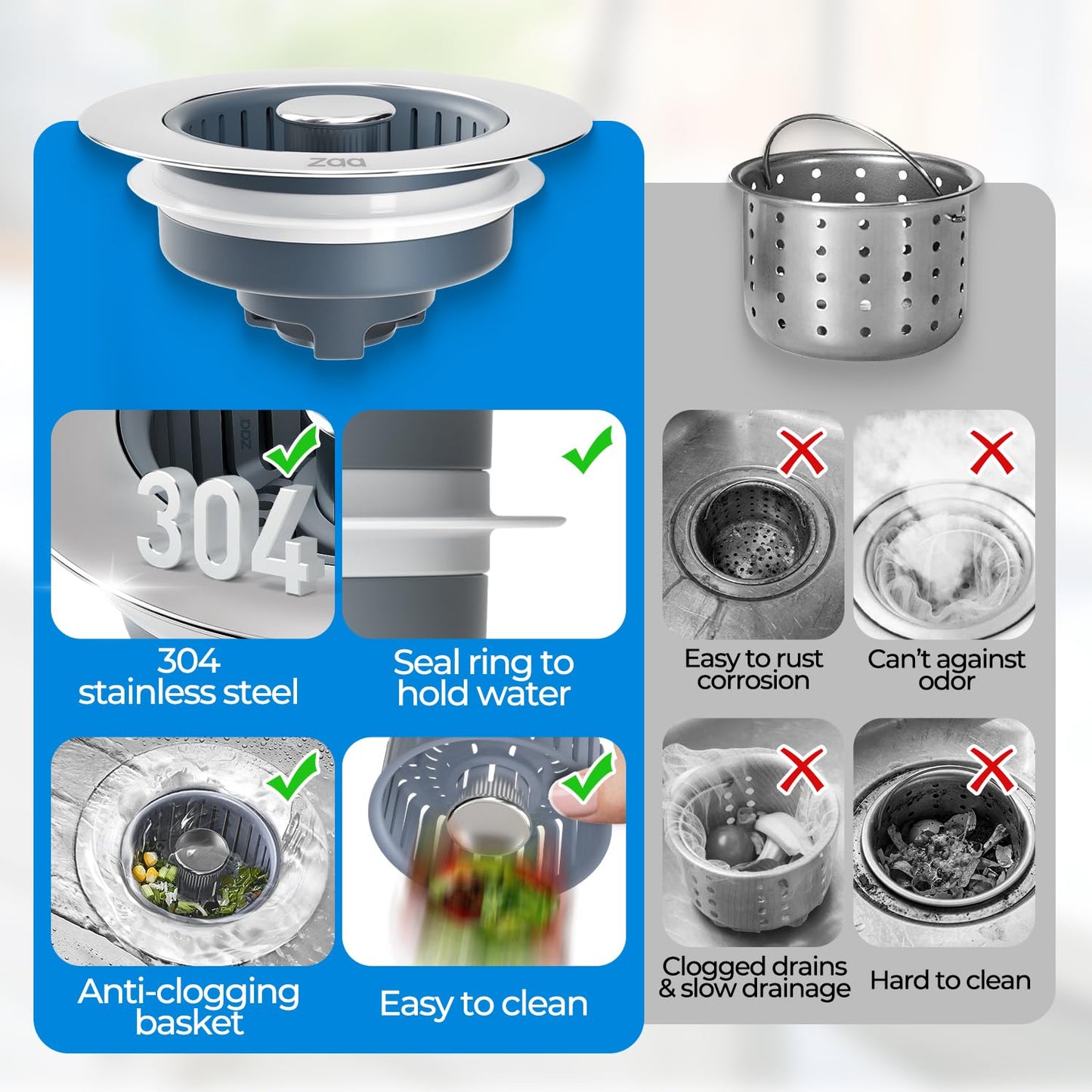 Sink Drain Strainer - Sink Stopper Kitchen Drain, 3 in 1 Kitchen Sink Drain Strainer with Anti - Clogging Basket, Kitchen Gadgets Clearance Sink Accessories, Fit US Standard 3 - 1/2'' Sink Hole, Silver - SkinNails&Makeup