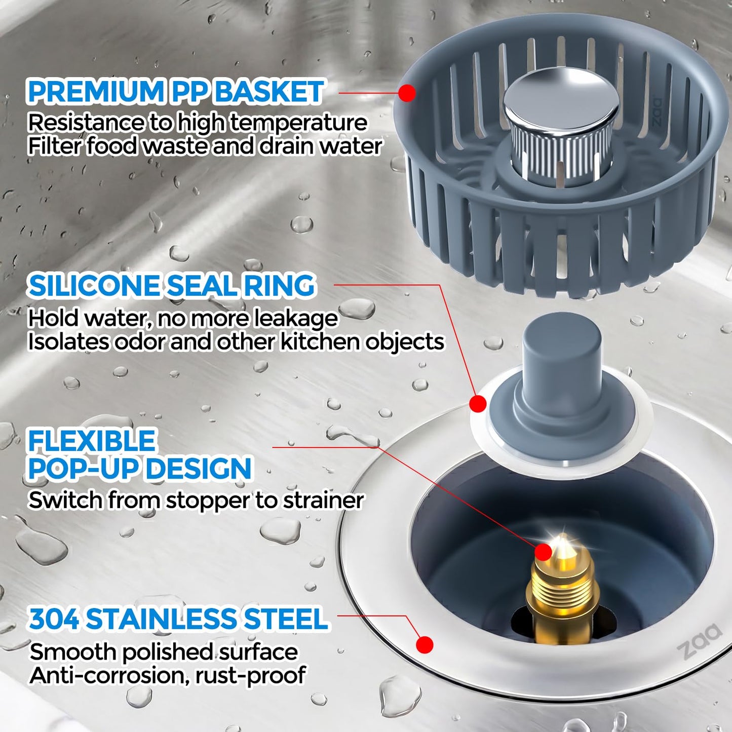 Sink Drain Strainer - Sink Stopper Kitchen Drain, 3 in 1 Kitchen Sink Drain Strainer with Anti - Clogging Basket, Kitchen Gadgets Clearance Sink Accessories, Fit US Standard 3 - 1/2'' Sink Hole, Silver - SkinNails&Makeup