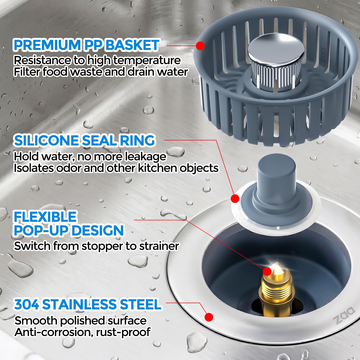 Sink Drain Strainer - Sink Stopper Kitchen Drain, 3 in 1 Kitchen Sink Drain Strainer with Anti - Clogging Basket, Kitchen Gadgets Clearance Sink Accessories, Fit US Standard 3 - 1/2'' Sink Hole, Silver - SkinNails&Makeup