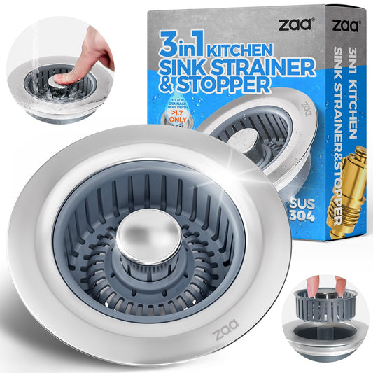 Sink Drain Strainer - Sink Stopper Kitchen Drain, 3 in 1 Kitchen Sink Drain Strainer with Anti - Clogging Basket, Kitchen Gadgets Clearance Sink Accessories, Fit US Standard 3 - 1/2'' Sink Hole, Silver - SkinNails&Makeup