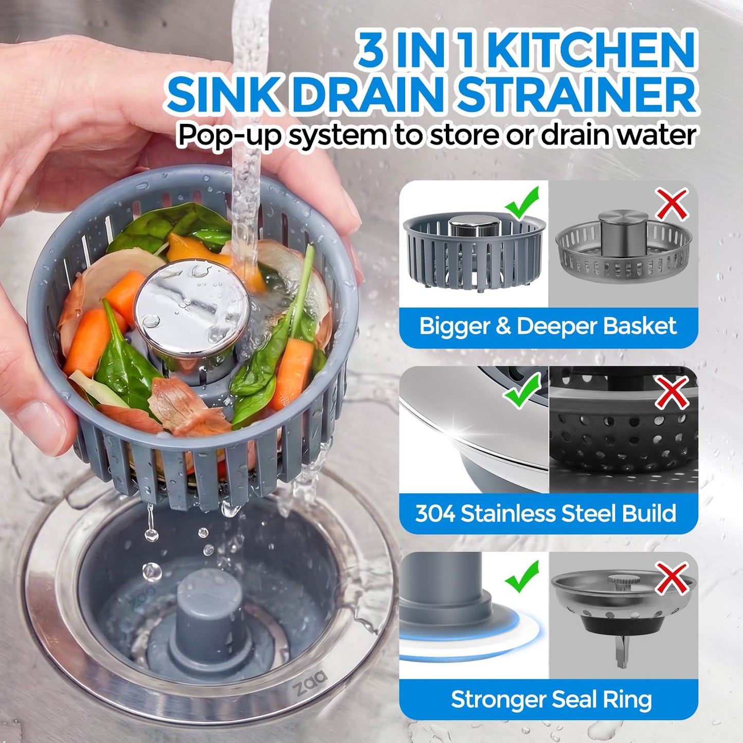 Sink Drain Strainer - Sink Stopper Kitchen Drain, 3 in 1 Kitchen Sink Drain Strainer with Anti - Clogging Basket, Kitchen Gadgets Clearance Sink Accessories, Fit US Standard 3 - 1/2'' Sink Hole, Silver - SkinNails&Makeup