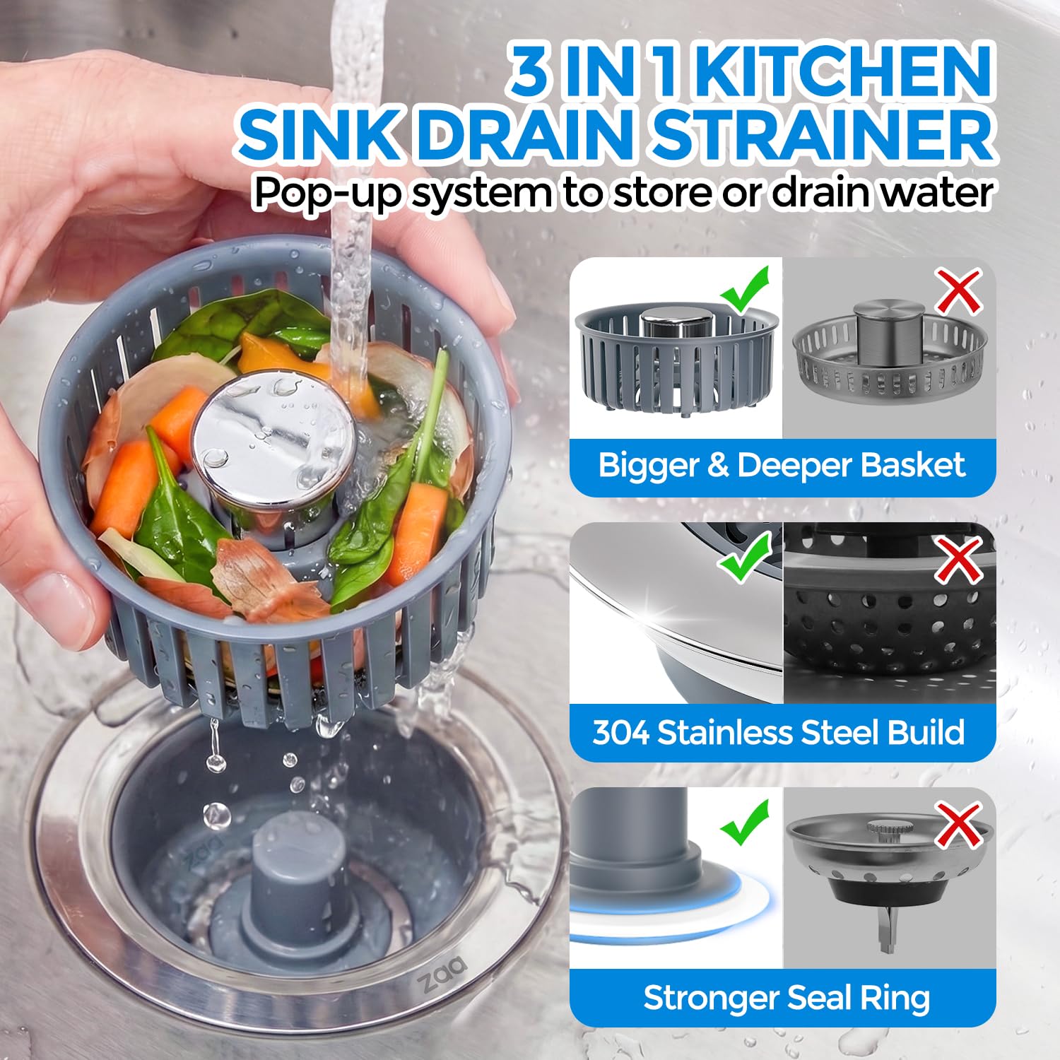 Sink Drain Strainer - Sink Stopper Kitchen Drain, 3 in 1 Kitchen Sink Drain Strainer with Anti - Clogging Basket, Kitchen Gadgets Clearance Sink Accessories, Fit US Standard 3 - 1/2'' Sink Hole, Silver - SkinNails&Makeup