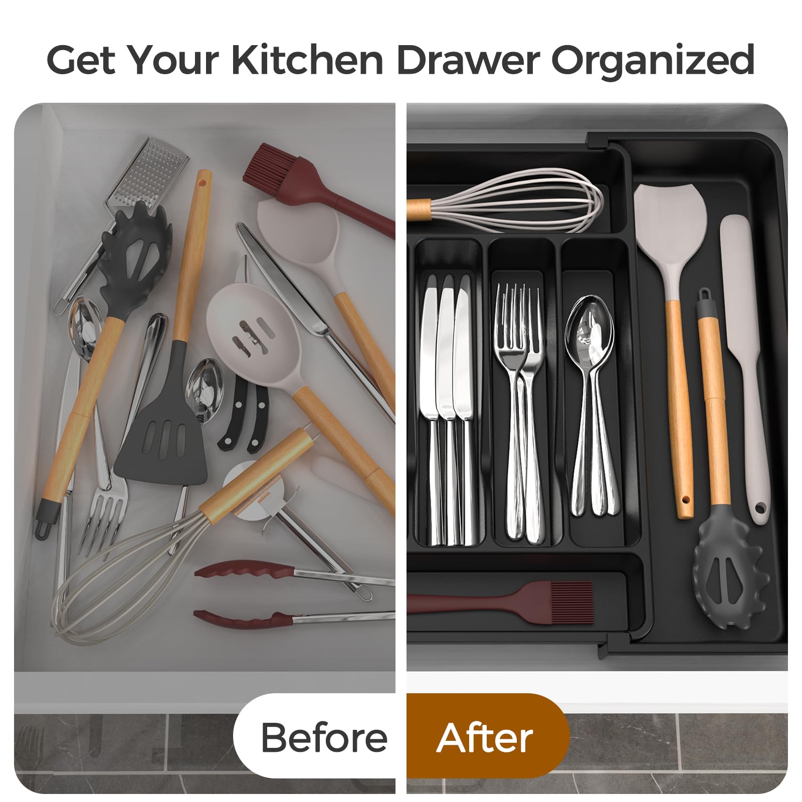 ukeetap Extra Large Expandable Silverware Organizer, BPA - Free Food - Safe Cutlery Flatware Organizer, Kitchen Utensil Drawer Organizer, Adjustable Silverware Holder for Spoons Forks Knives, Black - SkinNails&Makeup