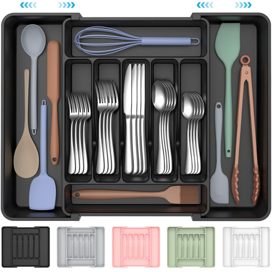 ukeetap Extra Large Expandable Silverware Organizer, BPA - Free Food - Safe Cutlery Flatware Organizer, Kitchen Utensil Drawer Organizer, Adjustable Silverware Holder for Spoons Forks Knives, Black - SkinNails&Makeup