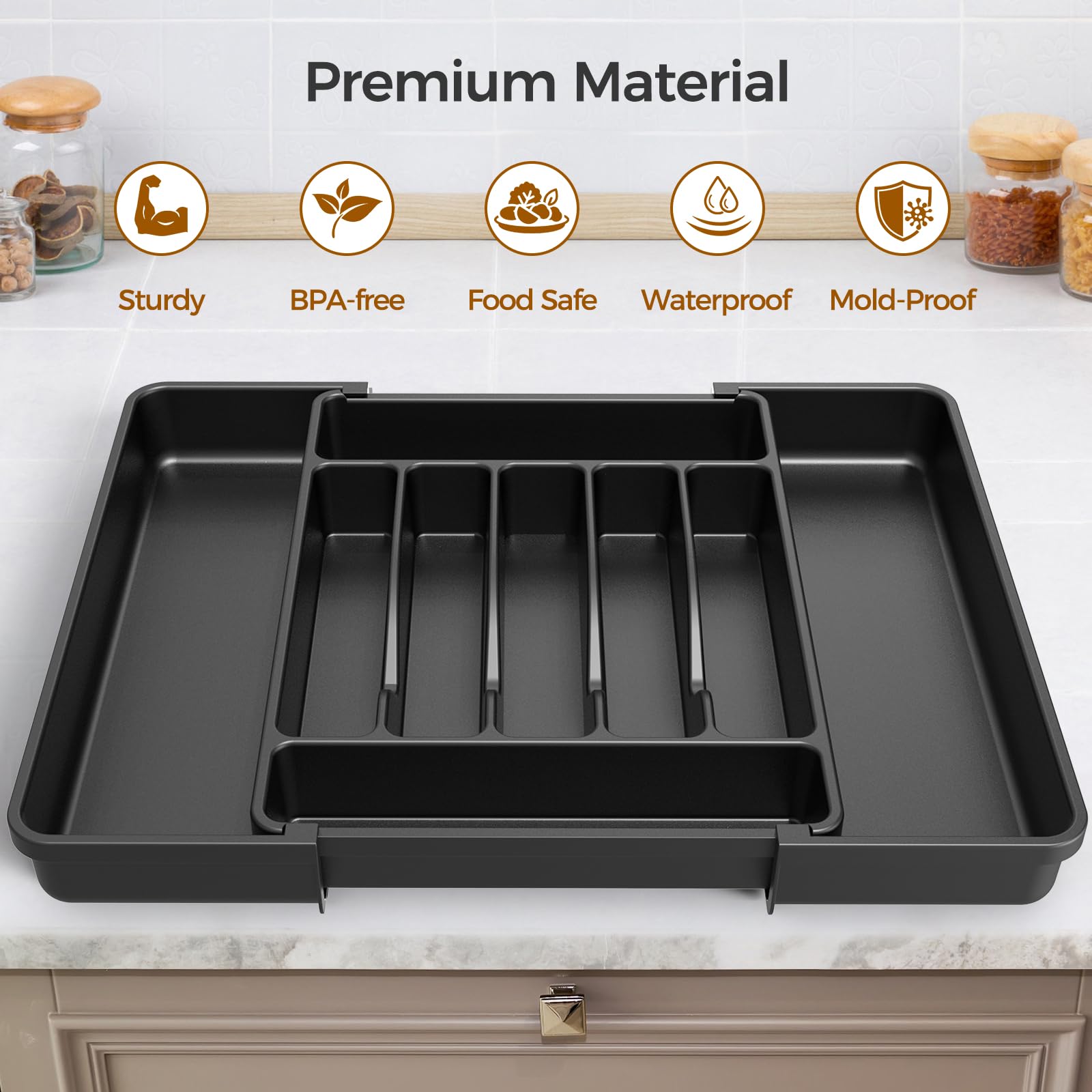 ukeetap Extra Large Expandable Silverware Organizer, BPA - Free Food - Safe Cutlery Flatware Organizer, Kitchen Utensil Drawer Organizer, Adjustable Silverware Holder for Spoons Forks Knives, Black - SkinNails&Makeup