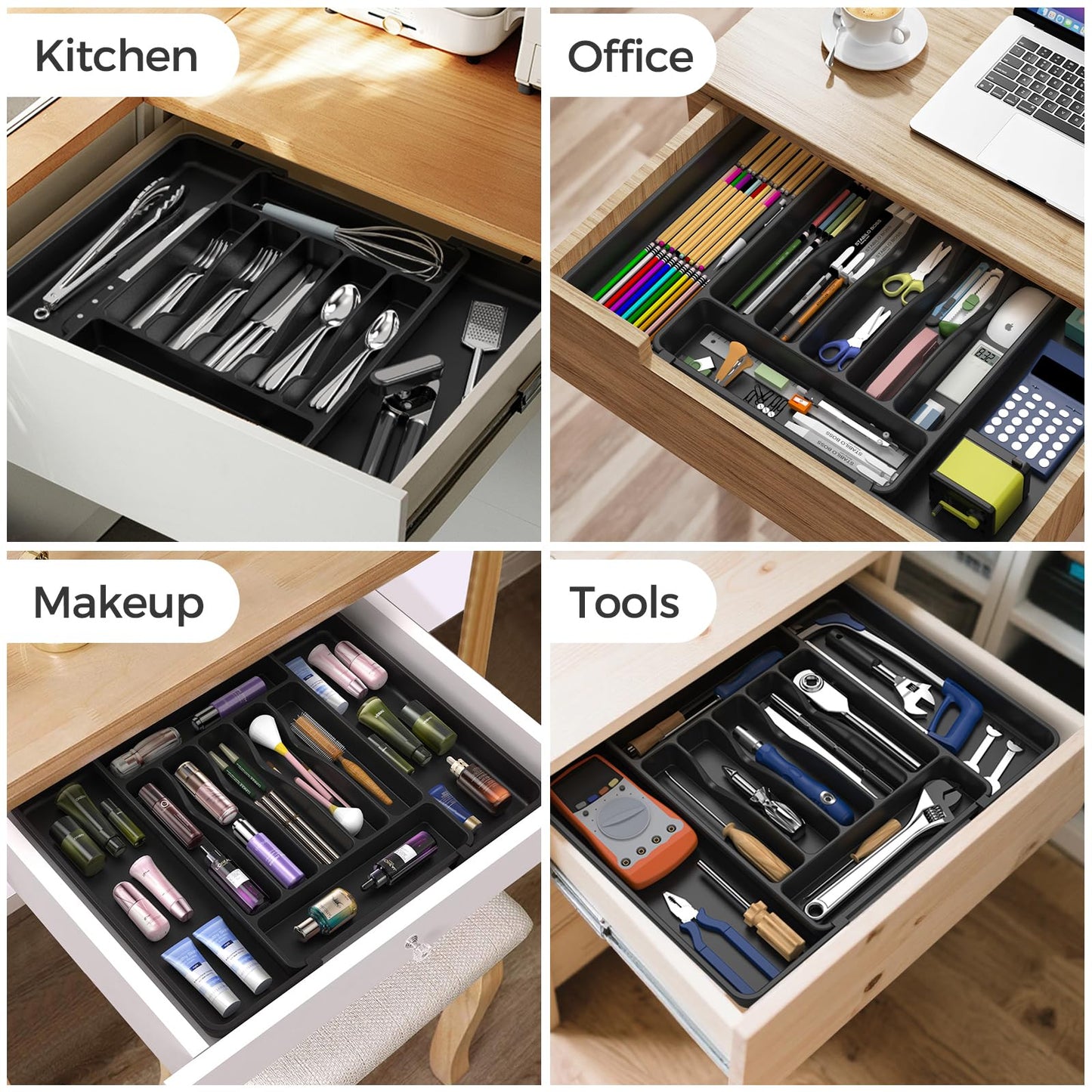 ukeetap Extra Large Expandable Silverware Organizer, BPA - Free Food - Safe Cutlery Flatware Organizer, Kitchen Utensil Drawer Organizer, Adjustable Silverware Holder for Spoons Forks Knives, Black - SkinNails&Makeup