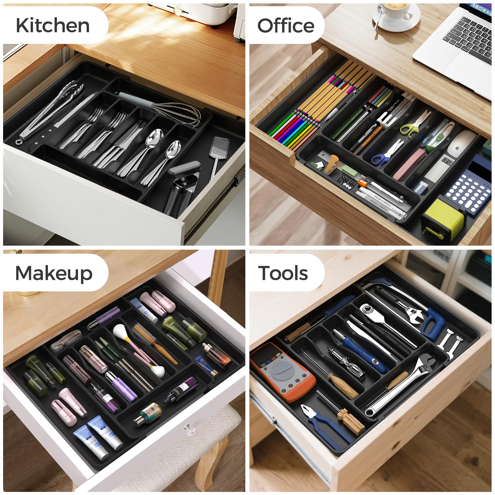 ukeetap Extra Large Expandable Silverware Organizer, BPA - Free Food - Safe Cutlery Flatware Organizer, Kitchen Utensil Drawer Organizer, Adjustable Silverware Holder for Spoons Forks Knives, Black - SkinNails&Makeup
