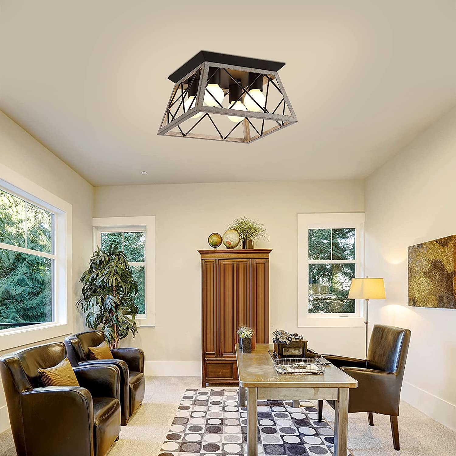 Vintage Farmhouse Flush Mount Ceiling Light Fixture, 4 - Light Oak White Semi - Flush Mount Lamp, Rustic Industrial Square Cage Ceiling Light for Dining Room Bedroom Entryway Hallway Kitchen - SkinNails&Makeup
