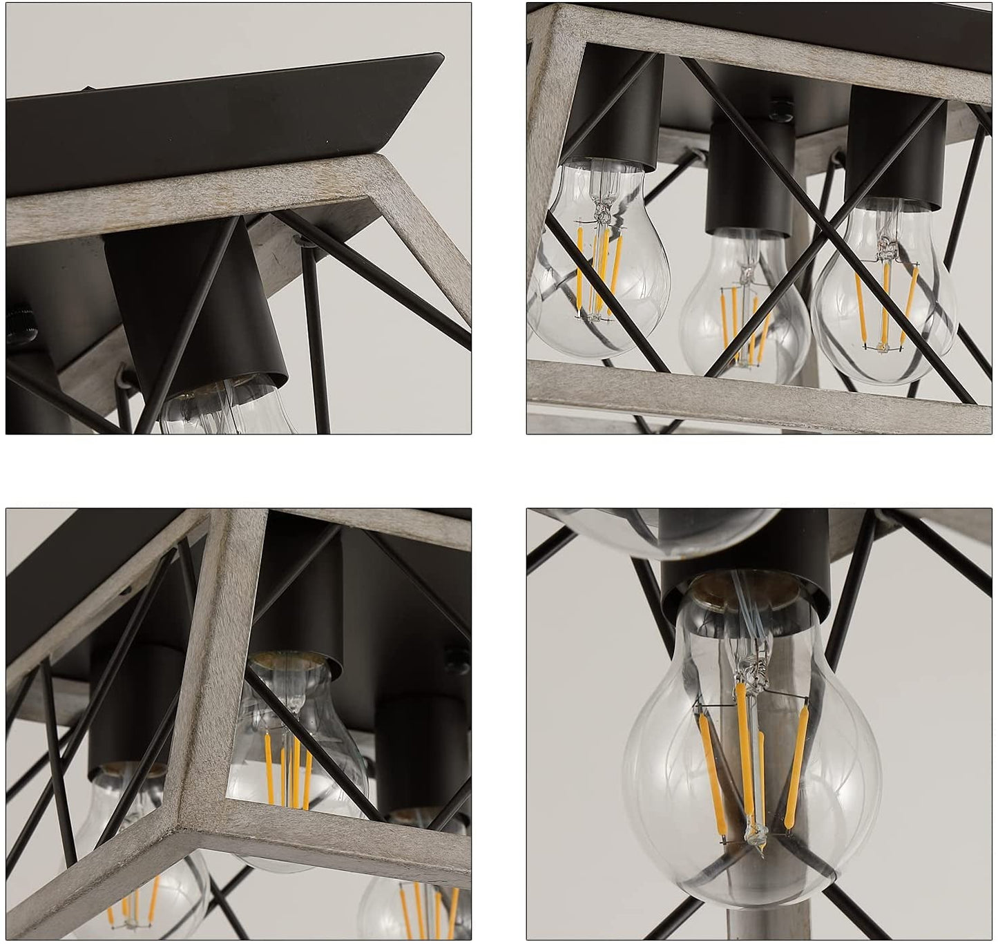 Vintage Farmhouse Flush Mount Ceiling Light Fixture, 4 - Light Oak White Semi - Flush Mount Lamp, Rustic Industrial Square Cage Ceiling Light for Dining Room Bedroom Entryway Hallway Kitchen - SkinNails&Makeup