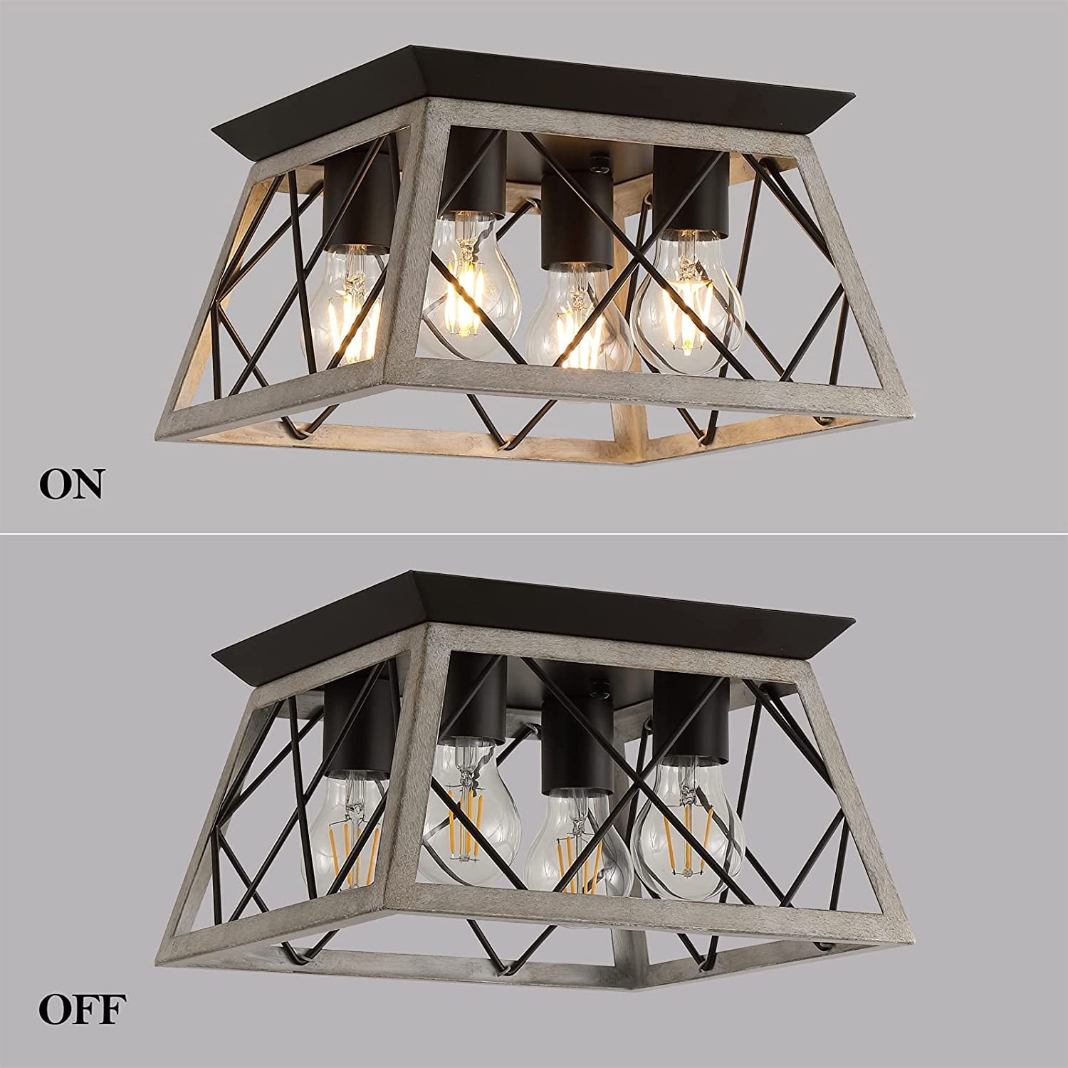 Vintage Farmhouse Flush Mount Ceiling Light Fixture, 4 - Light Oak White Semi - Flush Mount Lamp, Rustic Industrial Square Cage Ceiling Light for Dining Room Bedroom Entryway Hallway Kitchen - SkinNails&Makeup