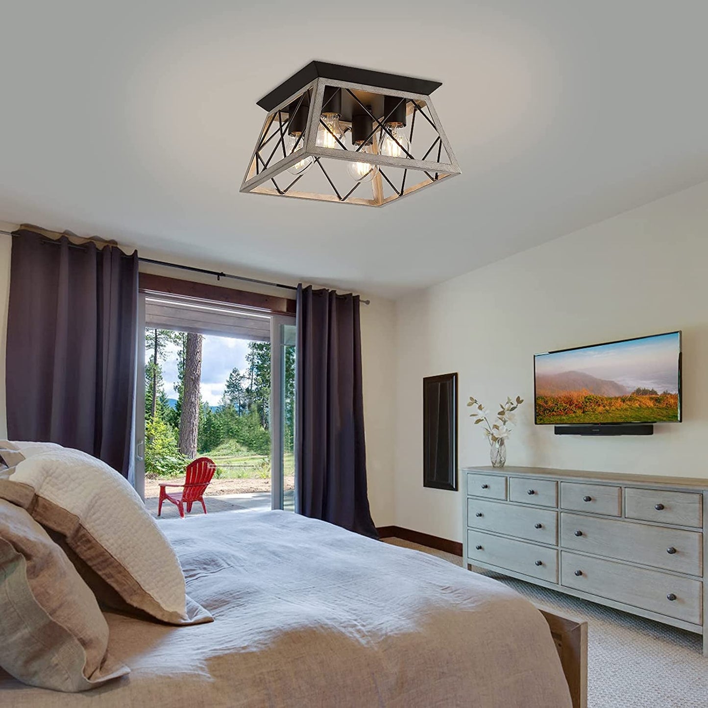 Vintage Farmhouse Flush Mount Ceiling Light Fixture, 4 - Light Oak White Semi - Flush Mount Lamp, Rustic Industrial Square Cage Ceiling Light for Dining Room Bedroom Entryway Hallway Kitchen - SkinNails&Makeup