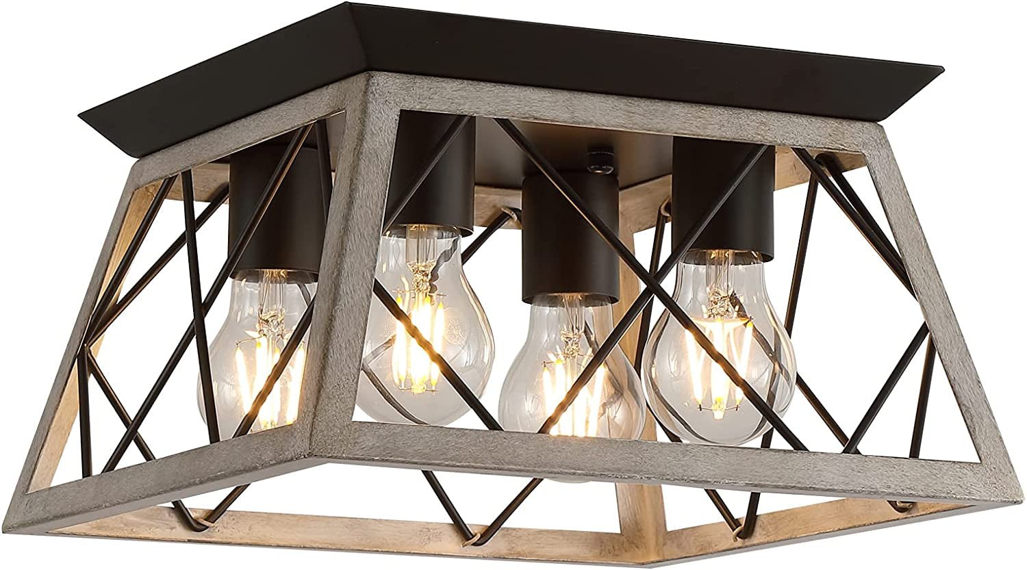 Vintage Farmhouse Flush Mount Ceiling Light Fixture, 4 - Light Oak White Semi - Flush Mount Lamp, Rustic Industrial Square Cage Ceiling Light for Dining Room Bedroom Entryway Hallway Kitchen - SkinNails&Makeup