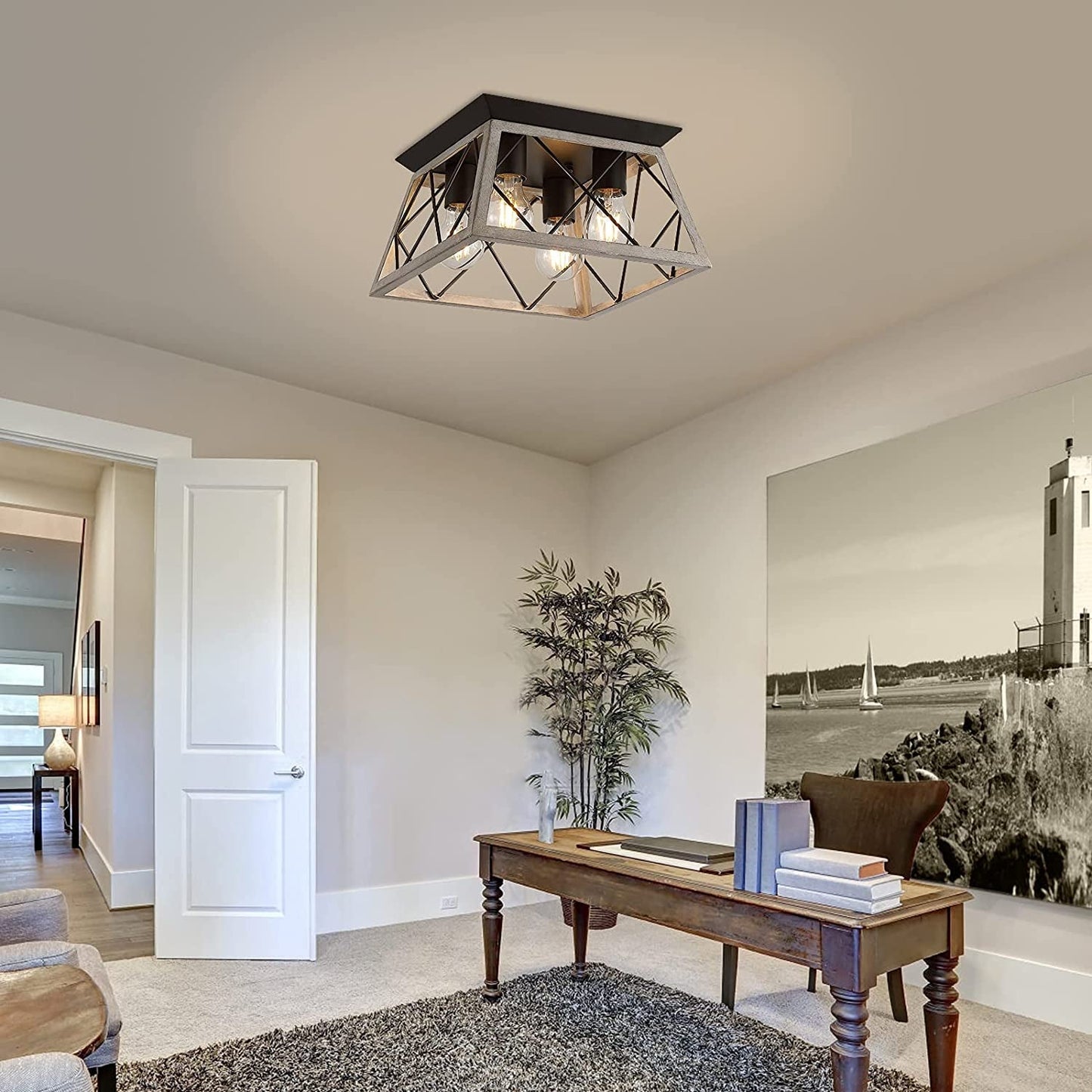 Vintage Farmhouse Flush Mount Ceiling Light Fixture, 4 - Light Oak White Semi - Flush Mount Lamp, Rustic Industrial Square Cage Ceiling Light for Dining Room Bedroom Entryway Hallway Kitchen - SkinNails&Makeup