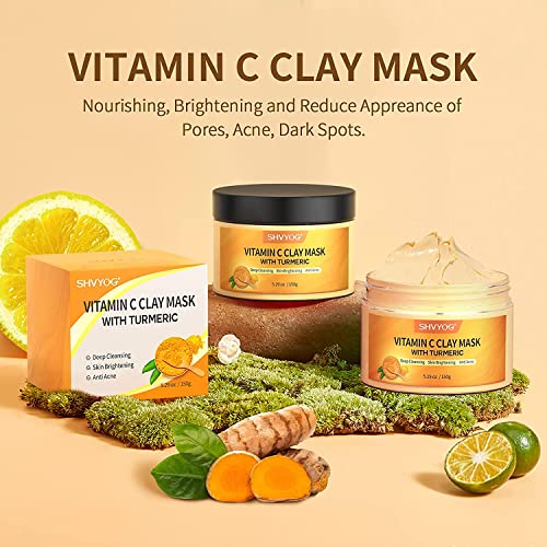 Vitamin C Face Mask with Kaolin Clay and Turmeric for Dark Spots, Dull Skin, Skincare Facial Mask for Controlling Oil and Refining Pores 5.29 Oz - SkinNails&Makeup