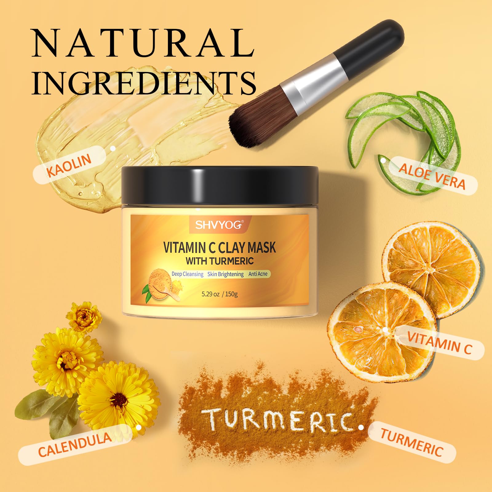 Vitamin C Face Mask with Kaolin Clay and Turmeric for Dark Spots, Dull Skin, Skincare Facial Mask for Controlling Oil and Refining Pores 5.29 Oz - SkinNails&Makeup