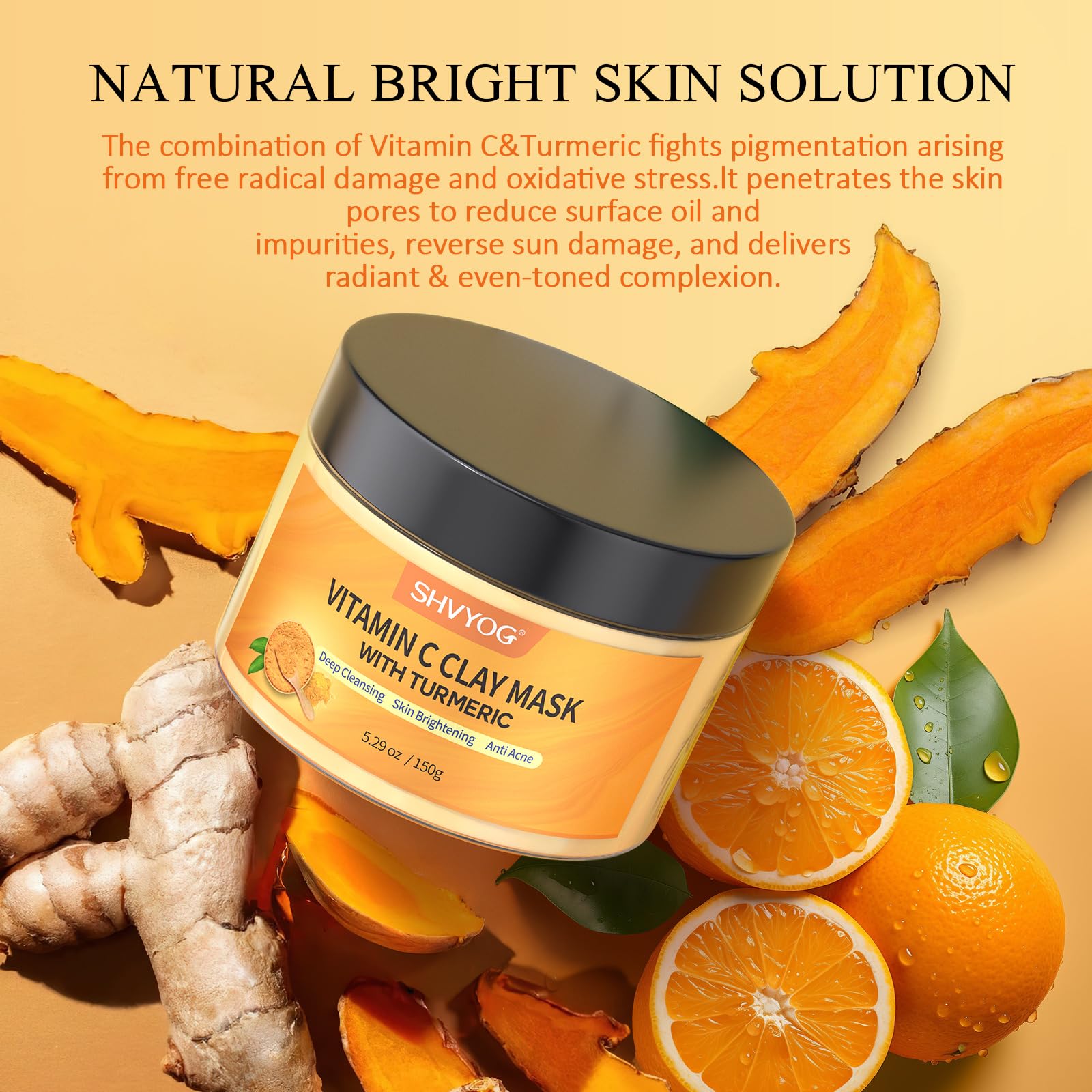 Vitamin C Face Mask with Kaolin Clay and Turmeric for Dark Spots, Dull Skin, Skincare Facial Mask for Controlling Oil and Refining Pores 5.29 Oz - SkinNails&Makeup