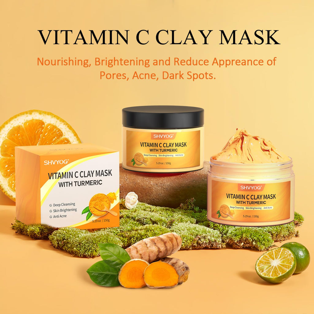 Vitamin C Face Mask with Kaolin Clay and Turmeric for Dark Spots, Dull Skin, Skincare Facial Mask for Controlling Oil and Refining Pores 5.29 Oz - SkinNails&Makeup