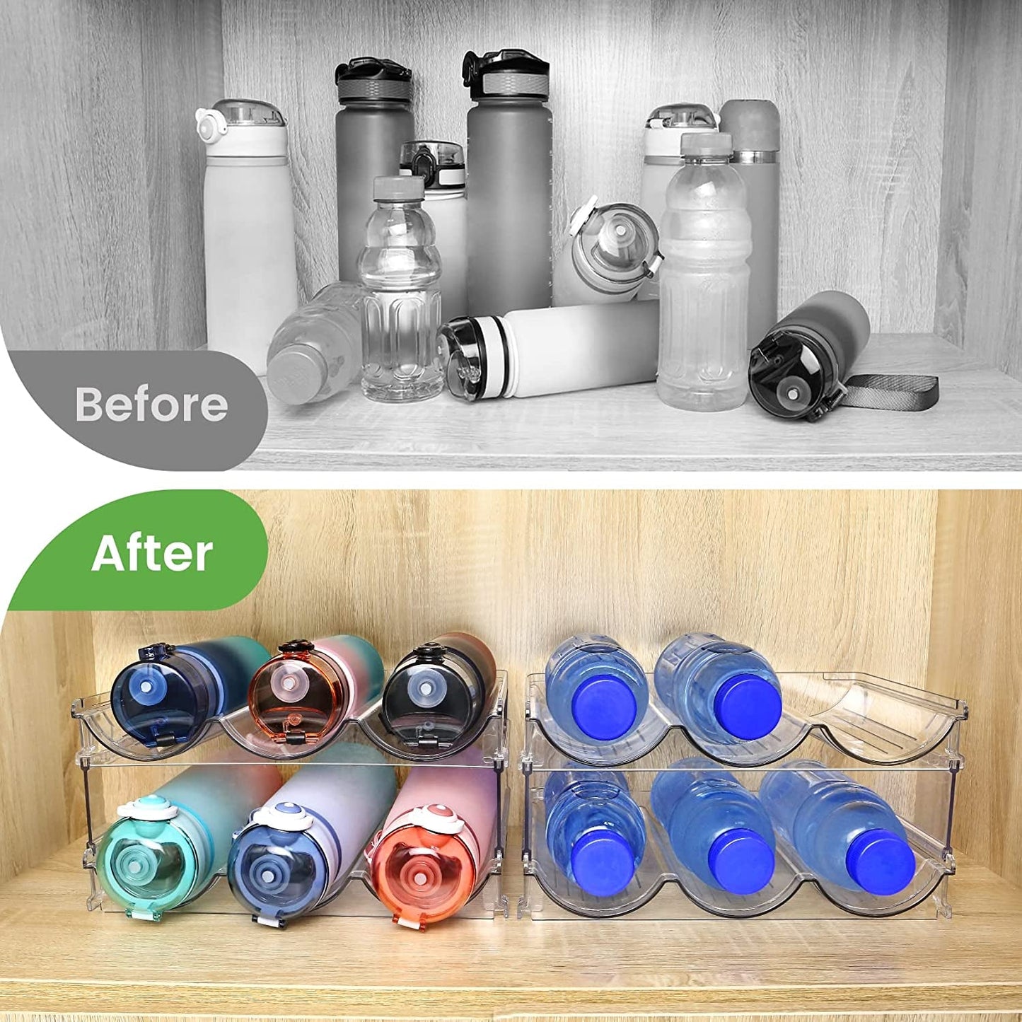 Water Bottle Organizer for Cabinet, Water Bottle Storage Organizer, 2 Packs Water Bottle Storage Rack, Water Bottle Holder for Cabinet, Stackable Water Bottle Storage Rack - SkinNails&Makeup