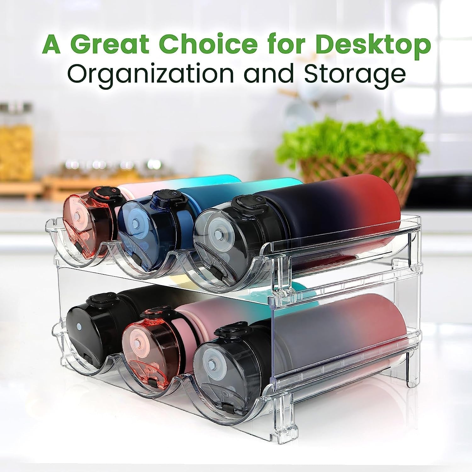 Water Bottle Organizer for Cabinet, Water Bottle Storage Organizer, 2 Packs Water Bottle Storage Rack, Water Bottle Holder for Cabinet, Stackable Water Bottle Storage Rack - SkinNails&Makeup