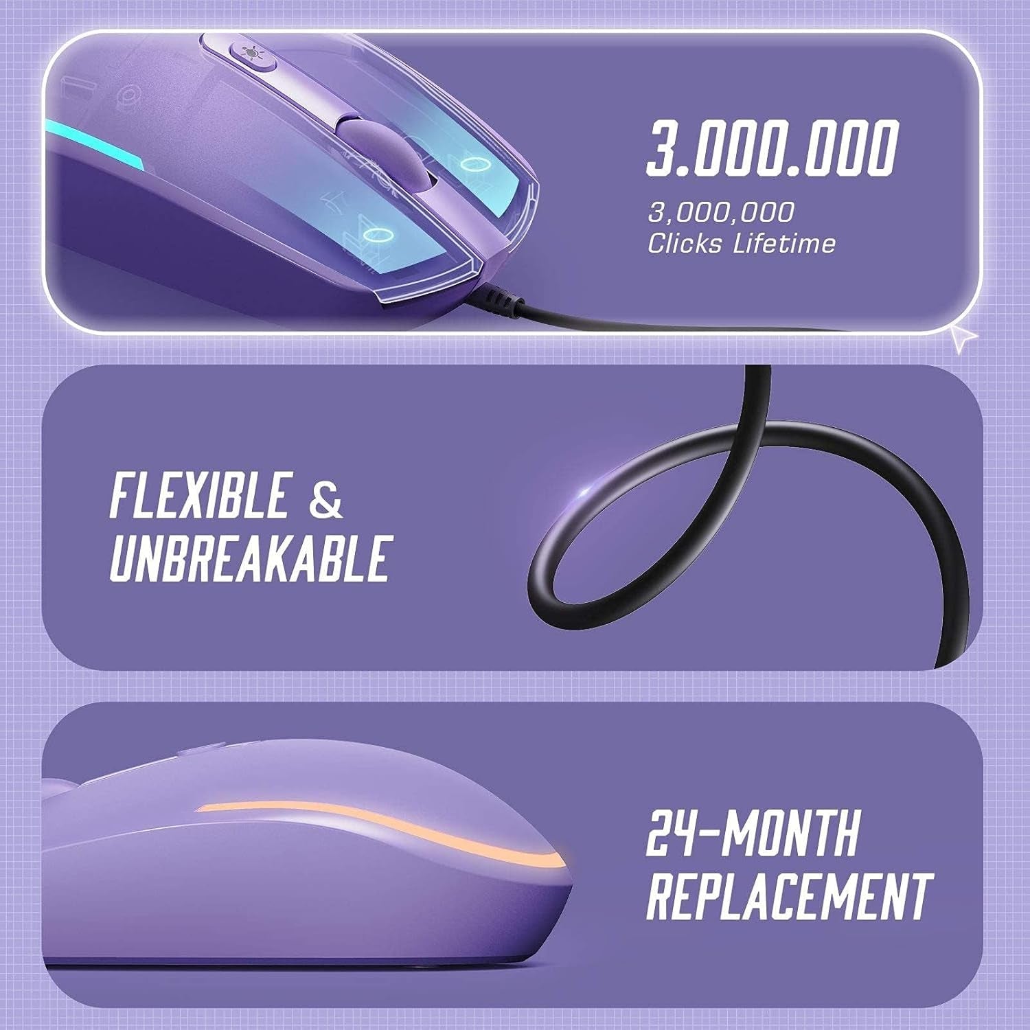 Wired Mouse - USB Computer Mice Wired with RGB Backlit Optical LED Mouse with Attached USB Cord for Laptops Notebooks Chromebook - Purple - SkinNails&Makeup