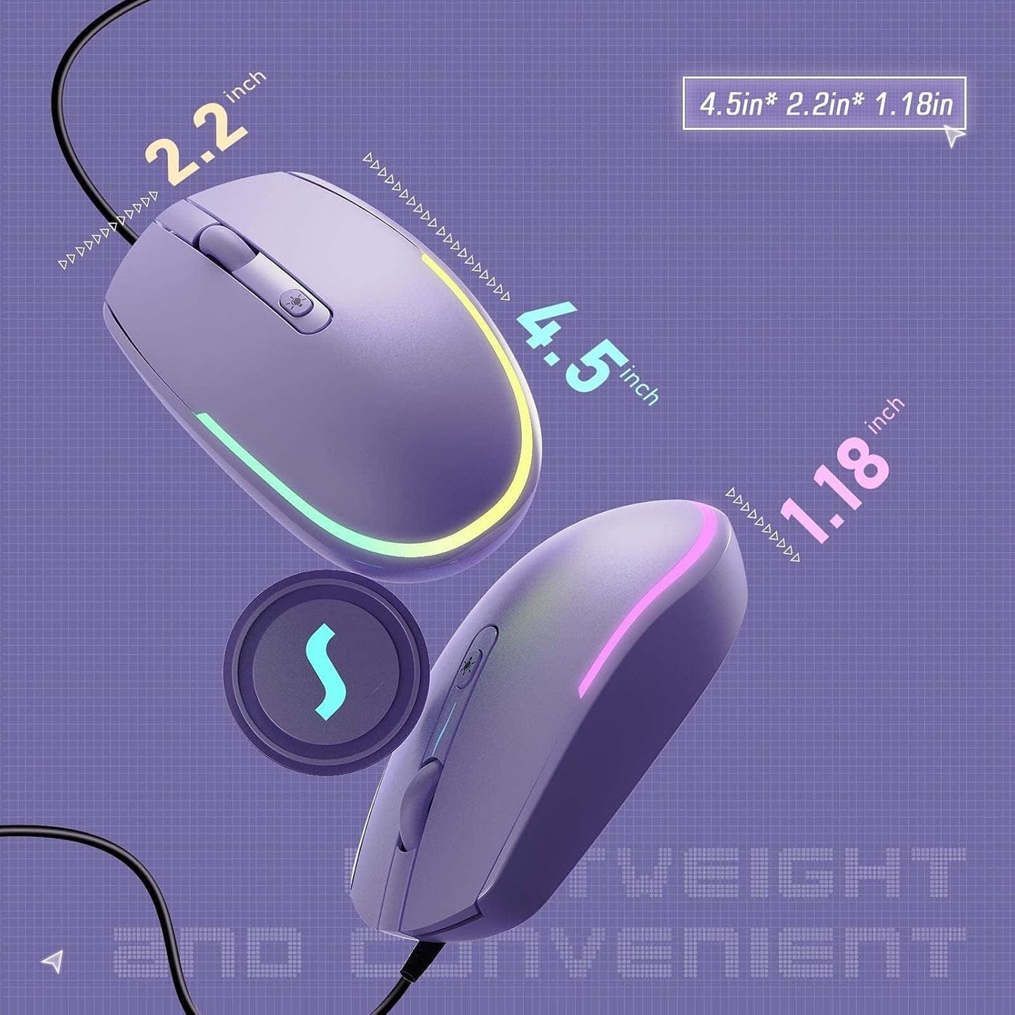 Wired Mouse - USB Computer Mice Wired with RGB Backlit Optical LED Mouse with Attached USB Cord for Laptops Notebooks Chromebook - Purple - SkinNails&Makeup