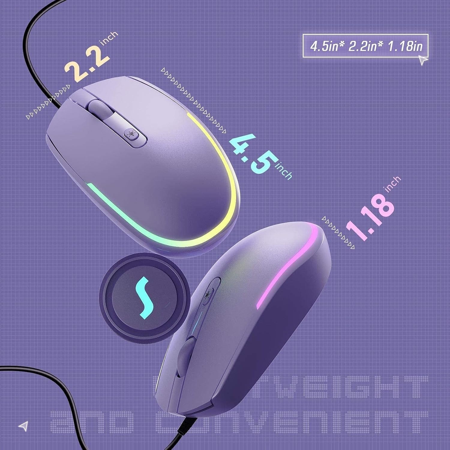 Wired Mouse - USB Computer Mice Wired with RGB Backlit Optical LED Mouse with Attached USB Cord for Laptops Notebooks Chromebook - Purple - SkinNails&Makeup