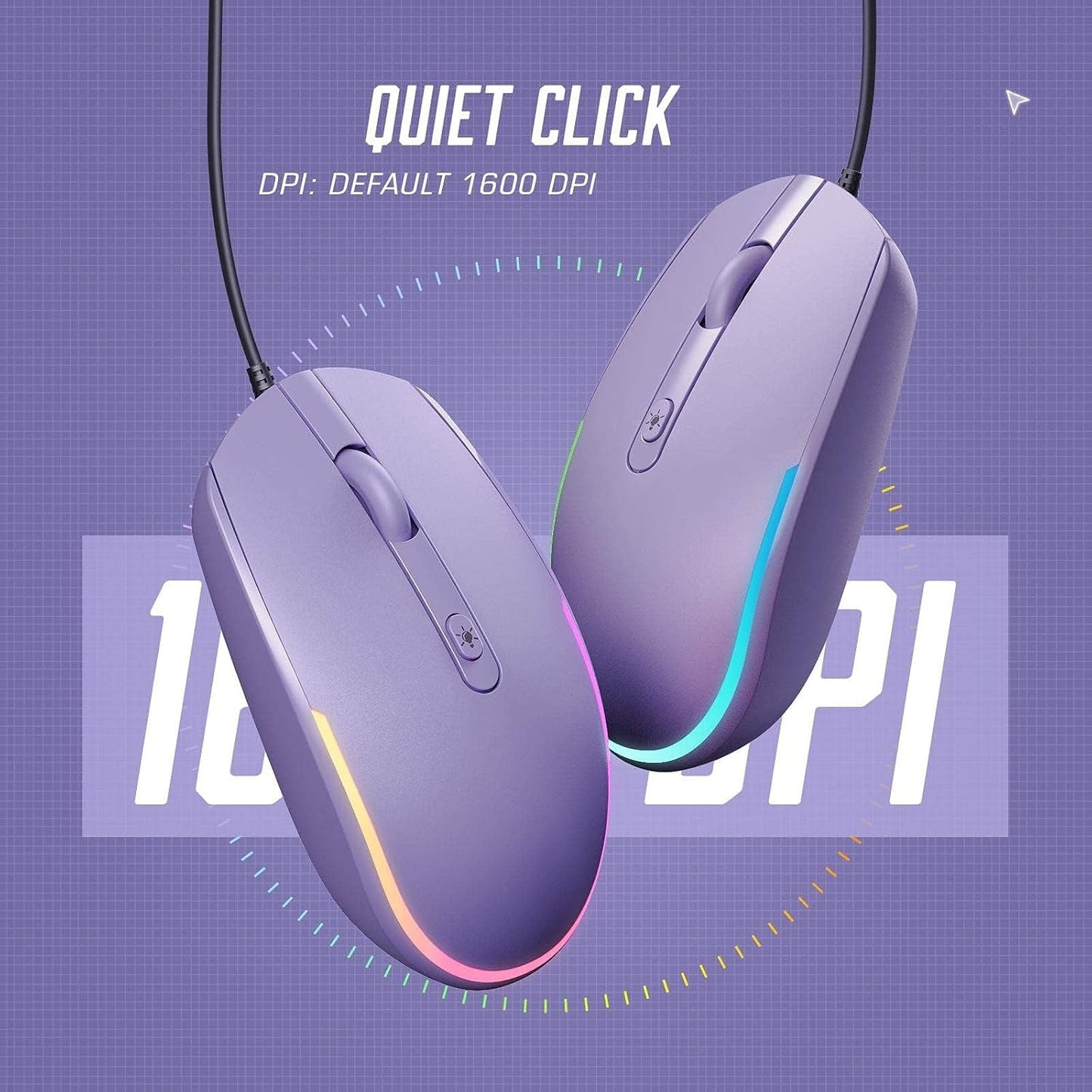 Wired Mouse - USB Computer Mice Wired with RGB Backlit Optical LED Mouse with Attached USB Cord for Laptops Notebooks Chromebook - Purple - SkinNails&Makeup