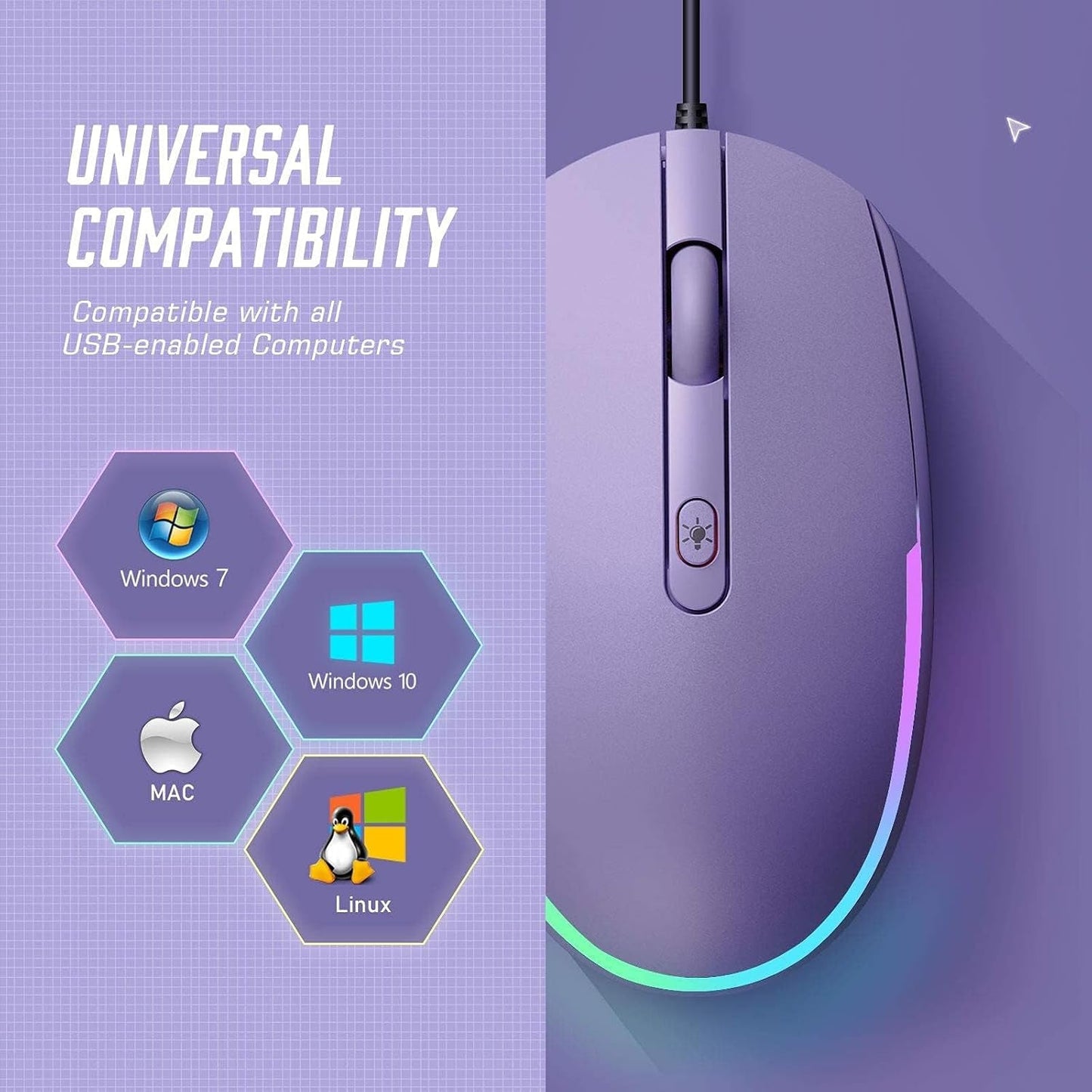 Wired Mouse - USB Computer Mice Wired with RGB Backlit Optical LED Mouse with Attached USB Cord for Laptops Notebooks Chromebook - Purple - SkinNails&Makeup