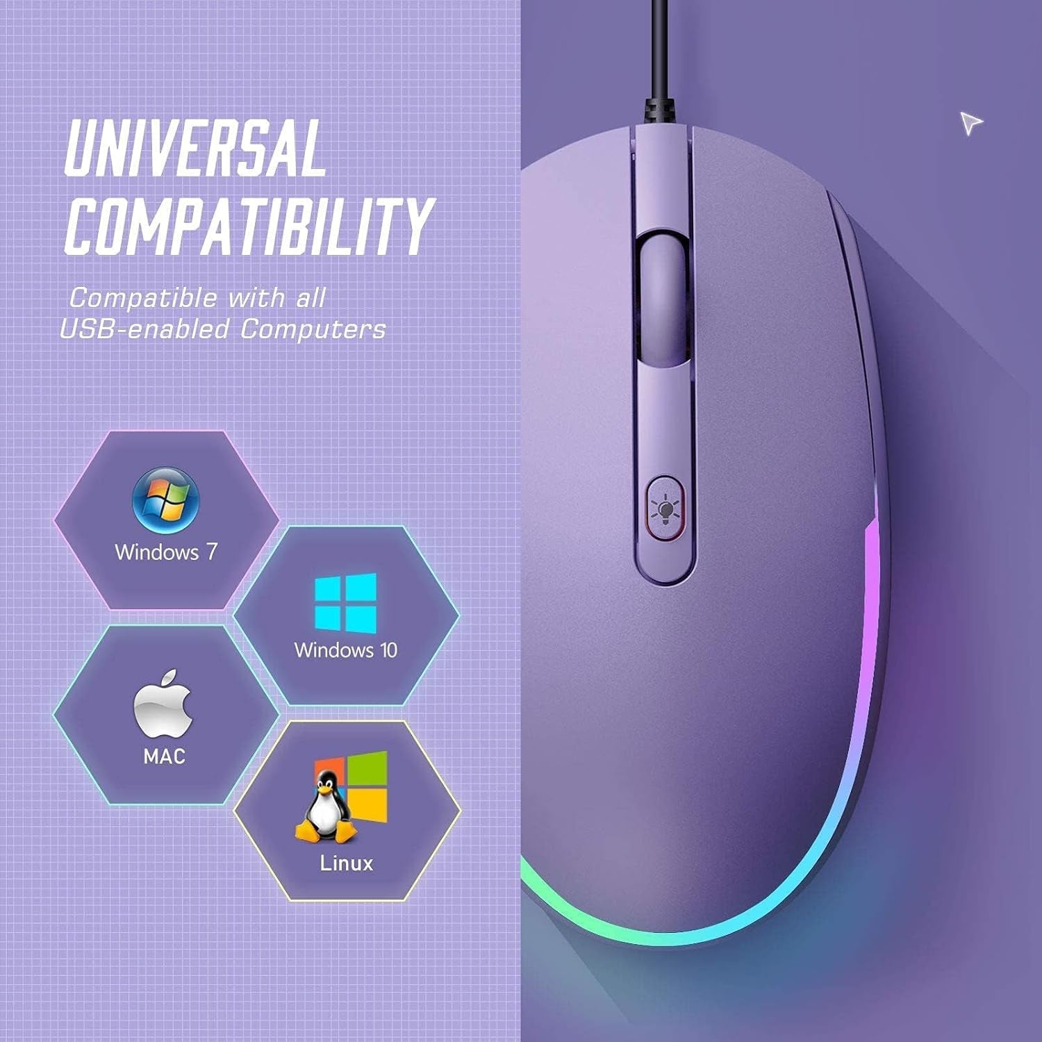 Wired Mouse - USB Computer Mice Wired with RGB Backlit Optical LED Mouse with Attached USB Cord for Laptops Notebooks Chromebook - Purple - SkinNails&Makeup
